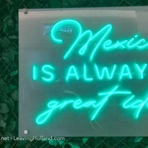 groene neonverlichting "Mexico is always a great idea", tegen een groene kunstbladeren wand.