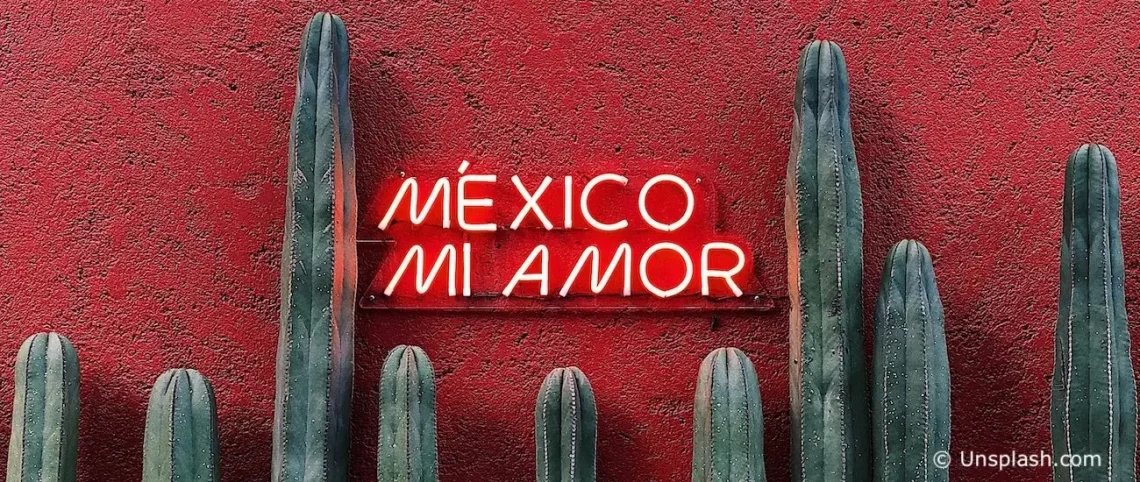 roden muur met de tekst: Mexico mi amor in neon letters en daaronder een rij groene cactussen