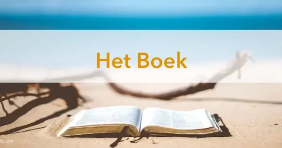 wit strand, dode tak op de voorgrond een opengeslagen boek, boven de tak de blauwe zee